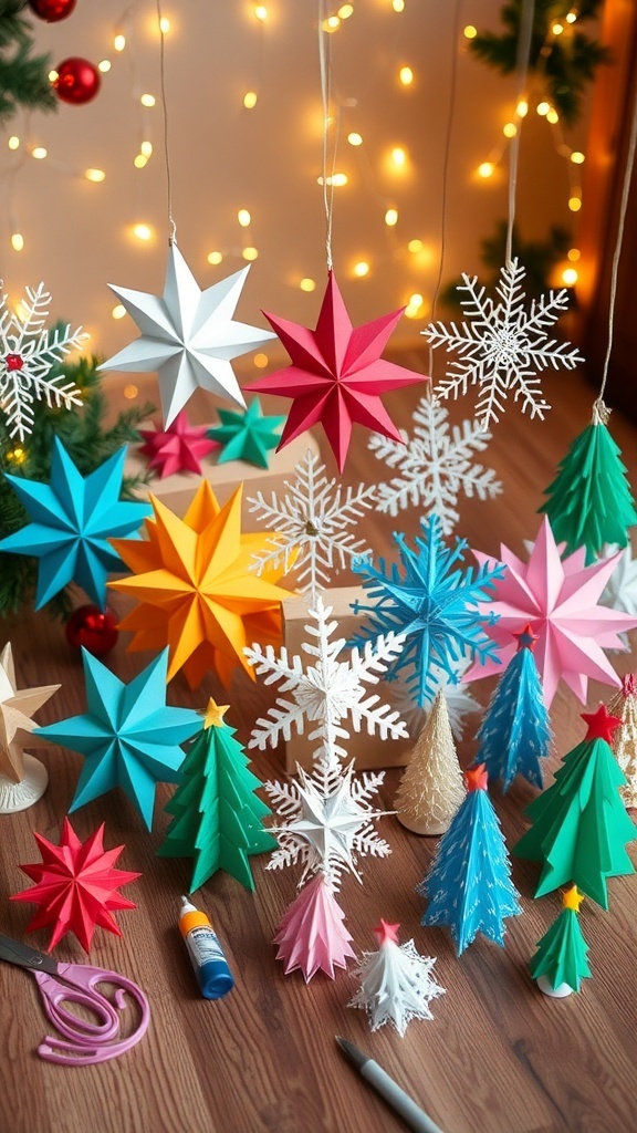 A collection of DIY 3D Christmas decorations made from colorful paper, including stars and snowflakes, on a craft table.